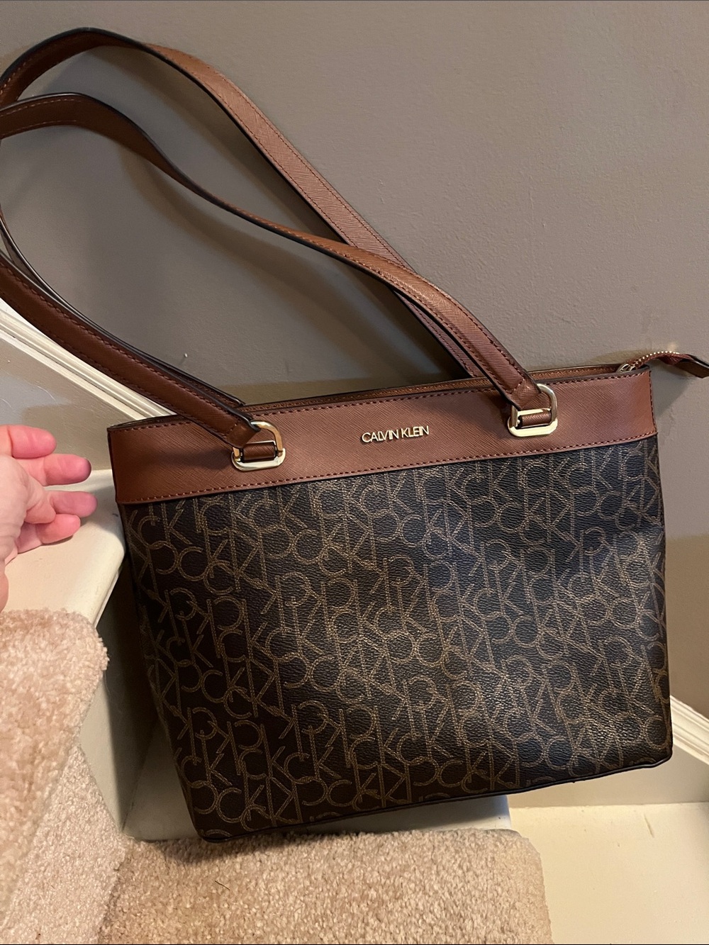 Calvin Klein Brown Monogram Shoulder Bag with Dark Brown Trim